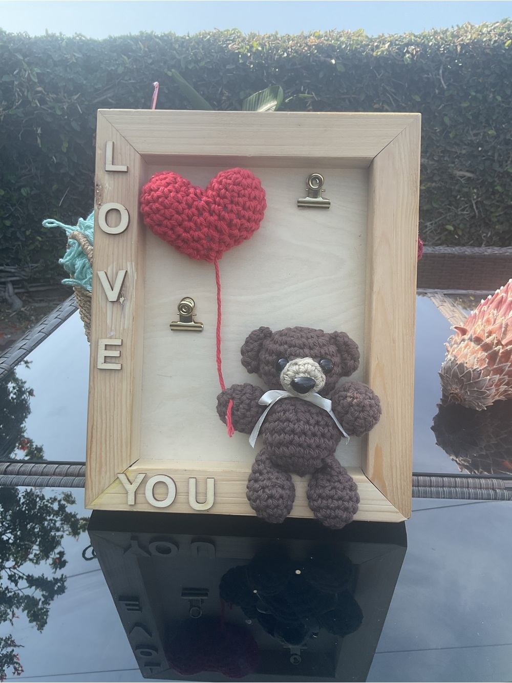 Handcrafted Brown Teddy Bear Wall Frame with Red Heart - Love You